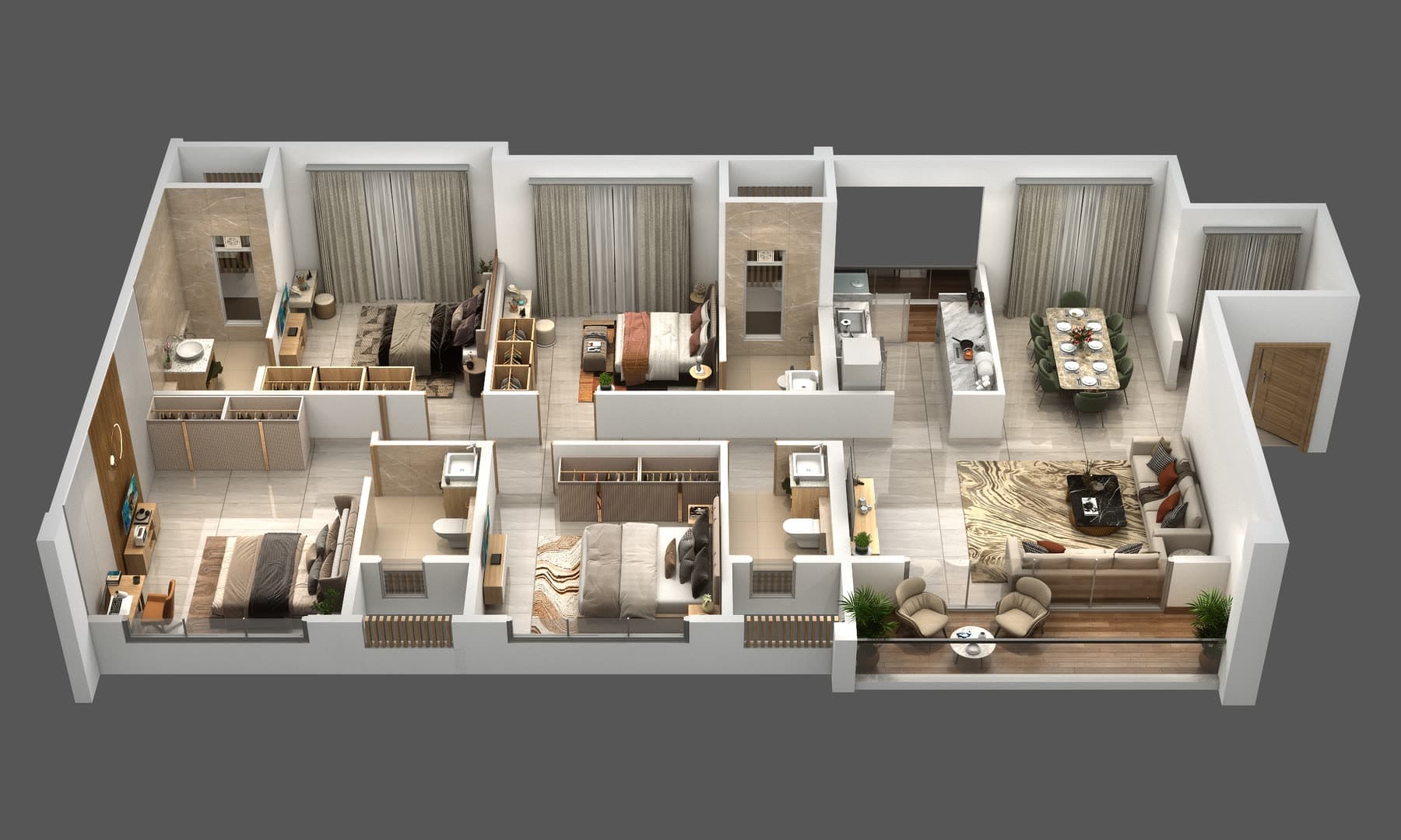 Tower J2 four-bedroom 2 Series, 1,415 sq ft isometric plan