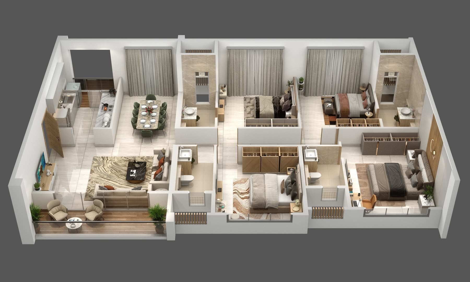 Tower J1 four-bedroom 2 Series, 1,452 sq ft isometric plan
