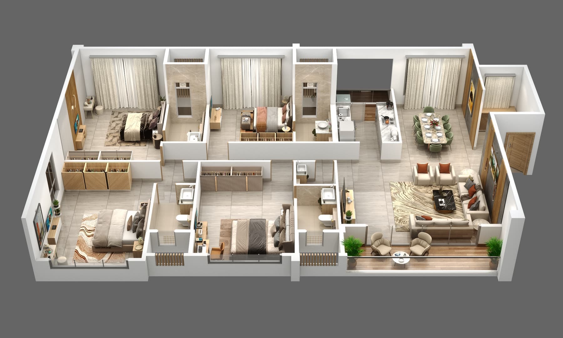 Tower J1 four-bedroom 1 Series, 1,787 sq ft isometric plan