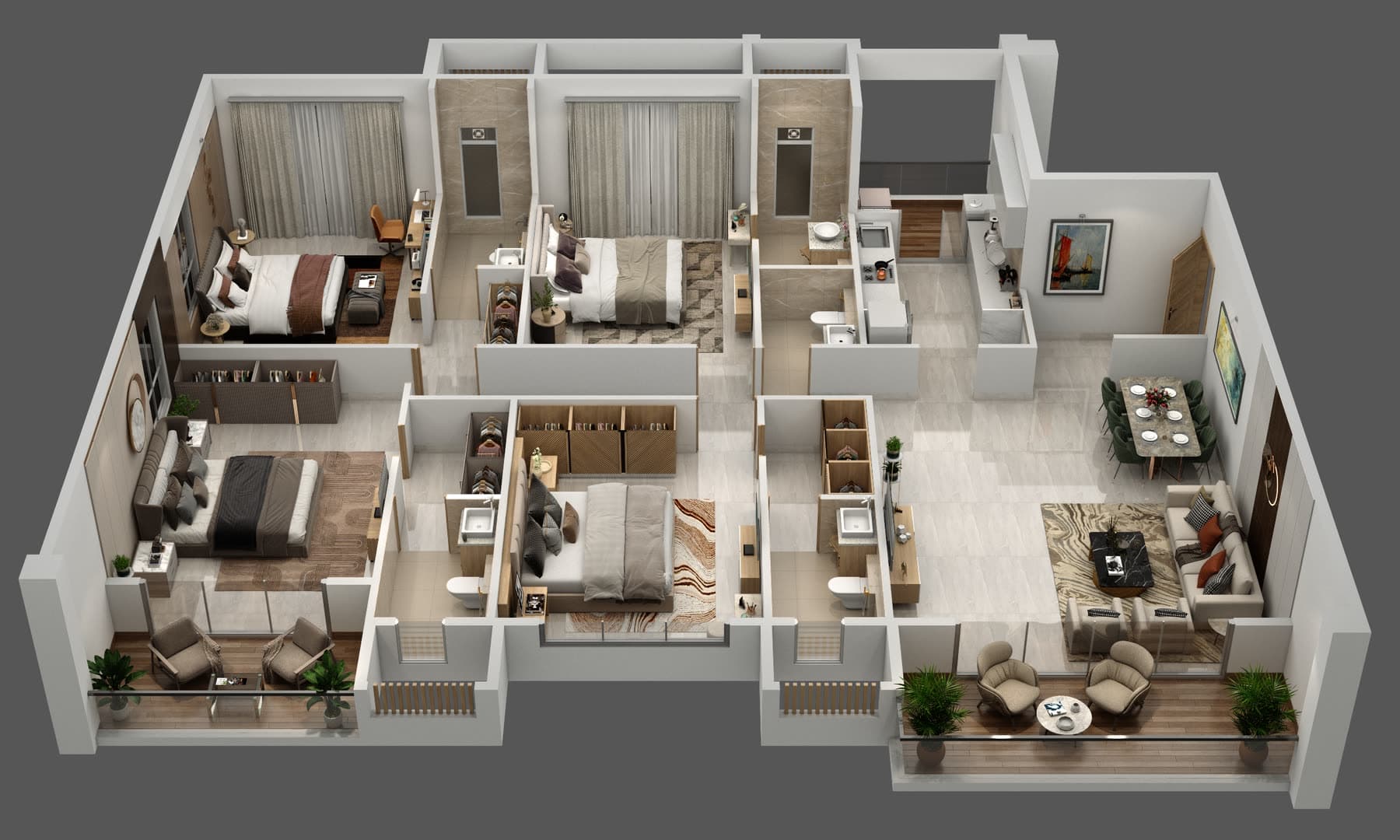 Tower I1 four-bedroom 2 Series, 1,897 sq ft isometric plan