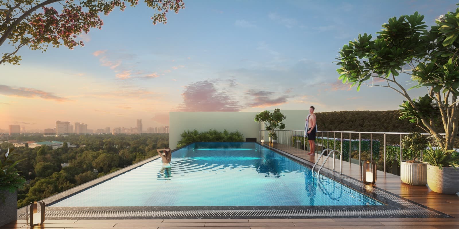 Residents' swimming pool at dusk