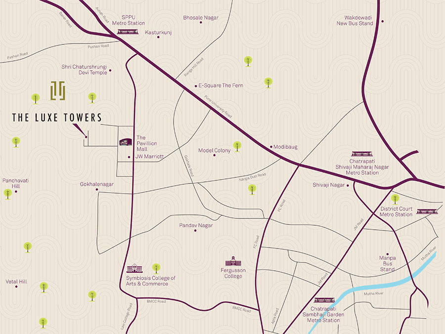 Map showing The Luxe Towers behind JW Marriott on S. B. Road, Pune
